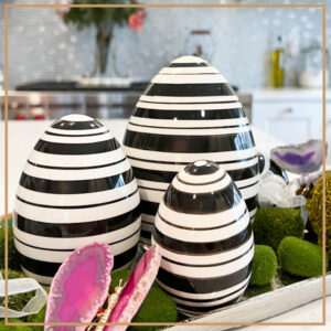 Black & White Striped Ceramic Tabletop Eggs ( Set of 3 )